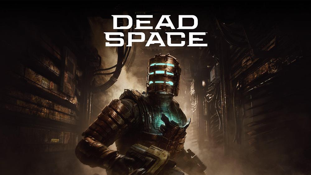 The image has "Dead Space" at the top. Under is a person in a sci-fi futuristic armored space suit. There are 3 slots on the armored helmet where blue light is shining through. The person is holding some sort of a weapon in their right hand. The person is standing in a dimly lit hallway with walls made out of metal. Several pipes and wires are strewn about the wall surfaces and hanging from the ceiling.