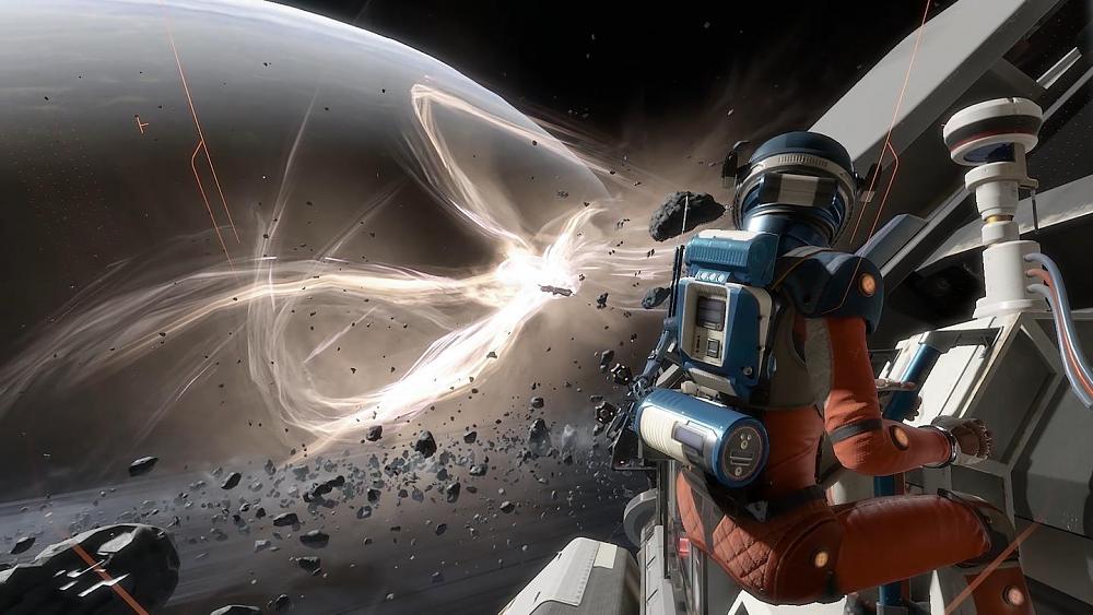 An astronaut outside a space station orbiting Saturn. A weird space anomaly is seen in the distance.