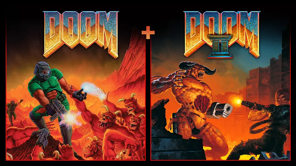 Combined cover art for DOOM and DOOM 2 showing a space marine blasting away demons from hell.