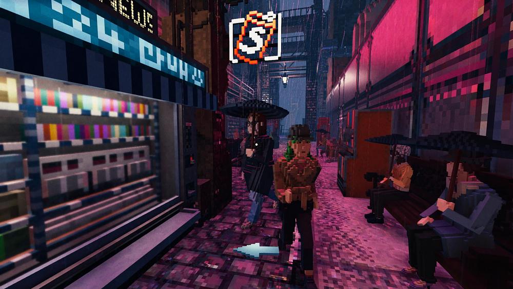Voxel based characters in a rainy city.