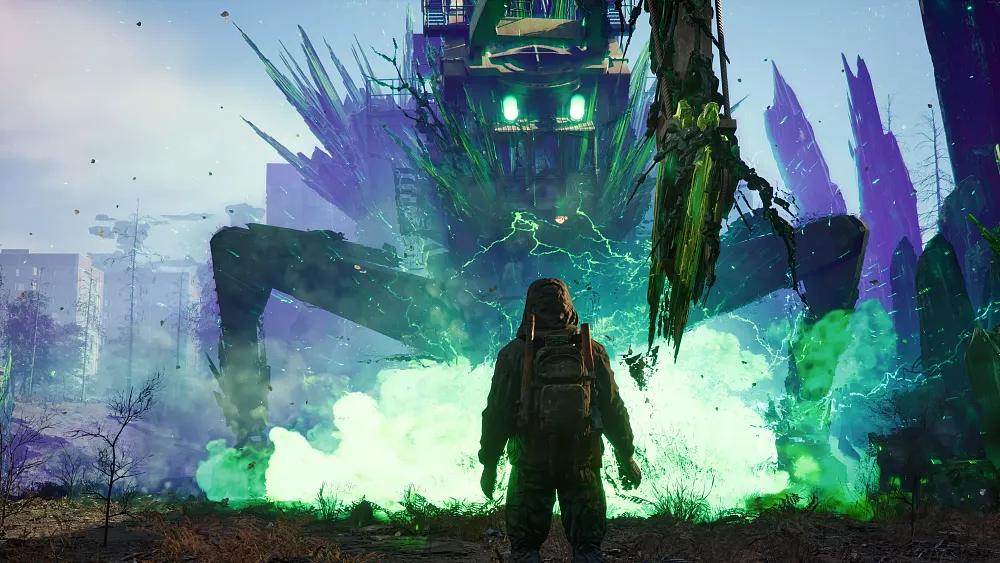 A person in a hazmat suit standing in front of and facing a giant metal creature of some sort that seems to be exhausting a glowing green vapor.