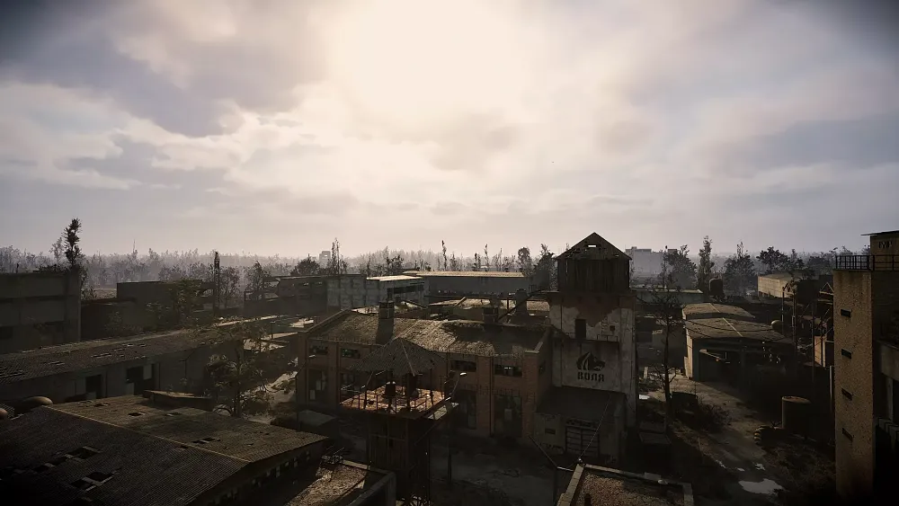 An elevated view of a rundown eastern European town.