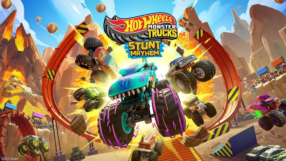 Artwork for a Hot Wheels Monster Trucks: Stunt Mayhem game showing the aforementioned title along with various monster trucks doing tricks in a crazy arena with loops and jumps.