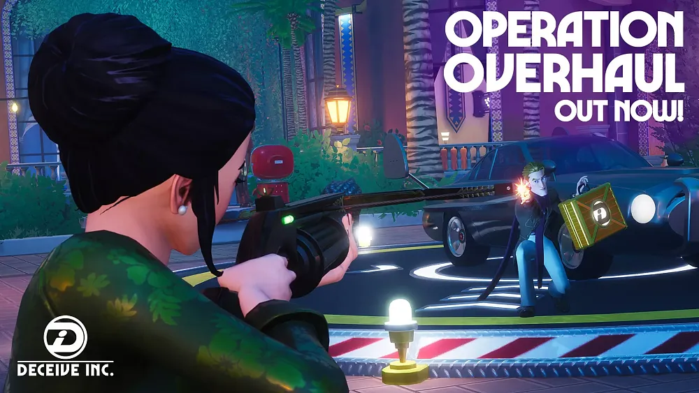 Art showing agents aiming at each other with the words Deceive Inc. Operation Overhaul shown.