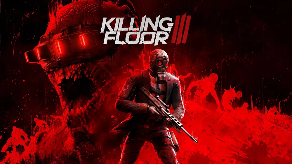 Very red artwork showing the title, Killing Floor 3. The image shows a fighter with a suit on and a gas mask. They are holding a rifle weapon. In the background is a zed growling angrily.