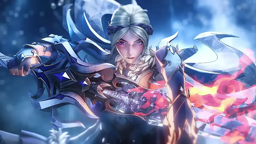 An anime girl with silver hair and action-RPG fantasy style clothes wielding a fiery blade.