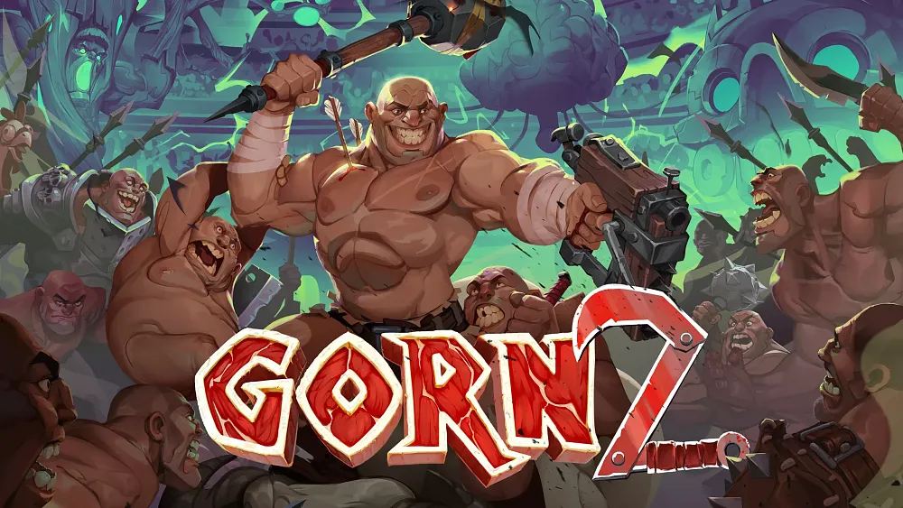 A big, burly, bald man with a mace in one hand and a gun in the other is fighting off many other big burly men in an arena.