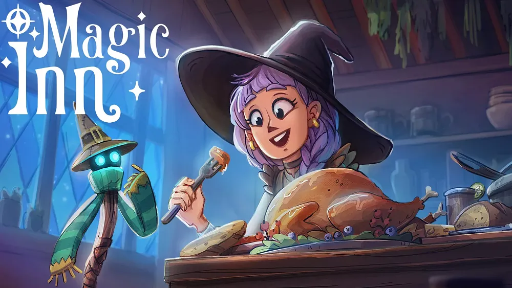 Key artwork showing the title, Magic Inn, next to artwork of a magical wizard as she tastes some magically cooked chicken.