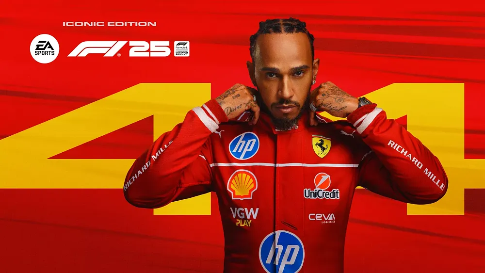 An F1 racer in racing suit adjusting his collar. The F1 25 logo is in the top left.