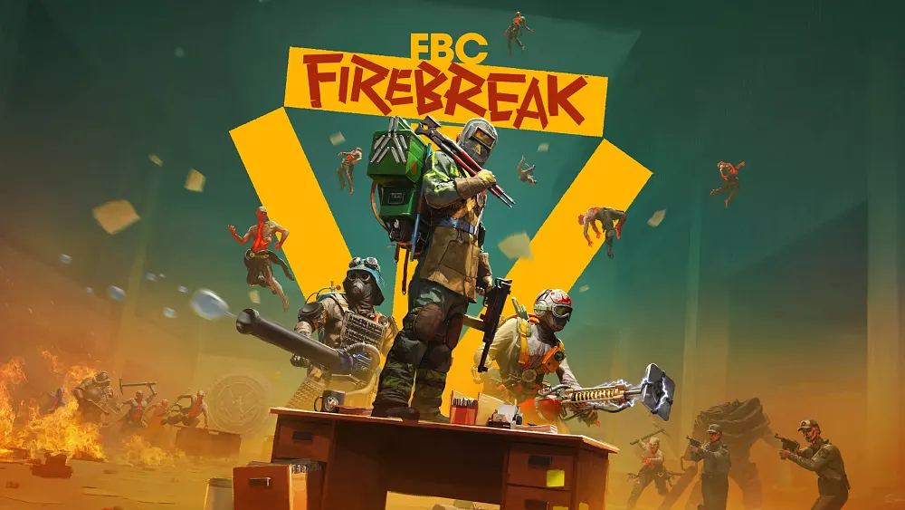 A stylized video game image with a green background and a large yellow chevron in the center. Three characters stand on a wooden desk in the foreground, facing the viewer. The character in the middle holds a large weapon over their shoulder. Smaller figures are scattered in the background, some on fire. The text "FBC FIREBREAK" is prominently displayed above the characters in the center.