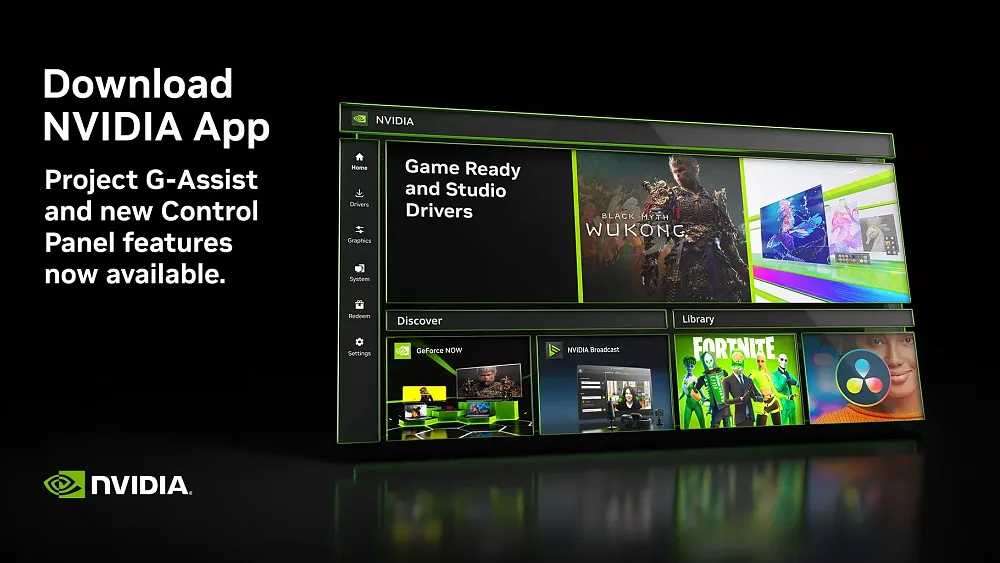 An image that mentions an update for the Nvidia app as well as the launch of the experimental AI assistant tool named Project G-Assist.