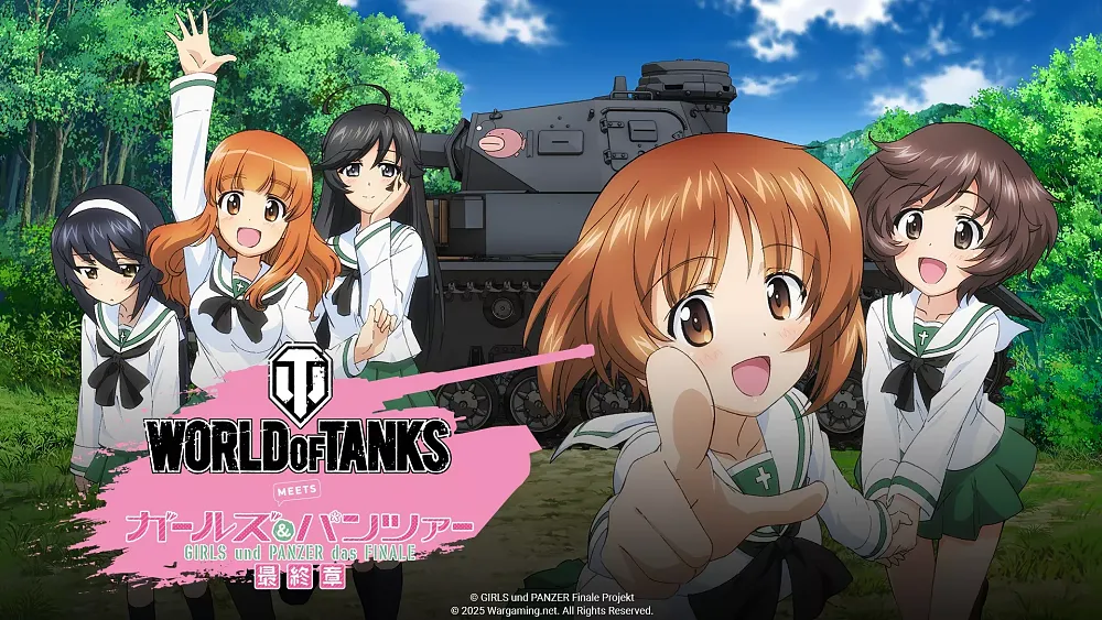 Anime girls that are apparently in charge of battle tanks  in art showing a crossover with World of Tanks.