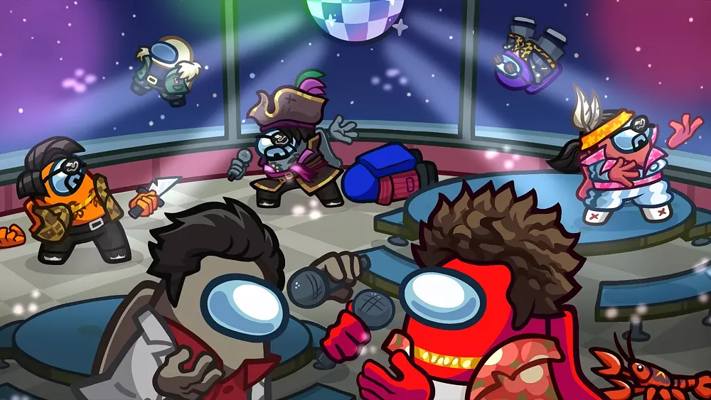 Art showing various Among Us characters wearing various cosmetic items based off of the Like a Dragon (Yakuza) franchise.