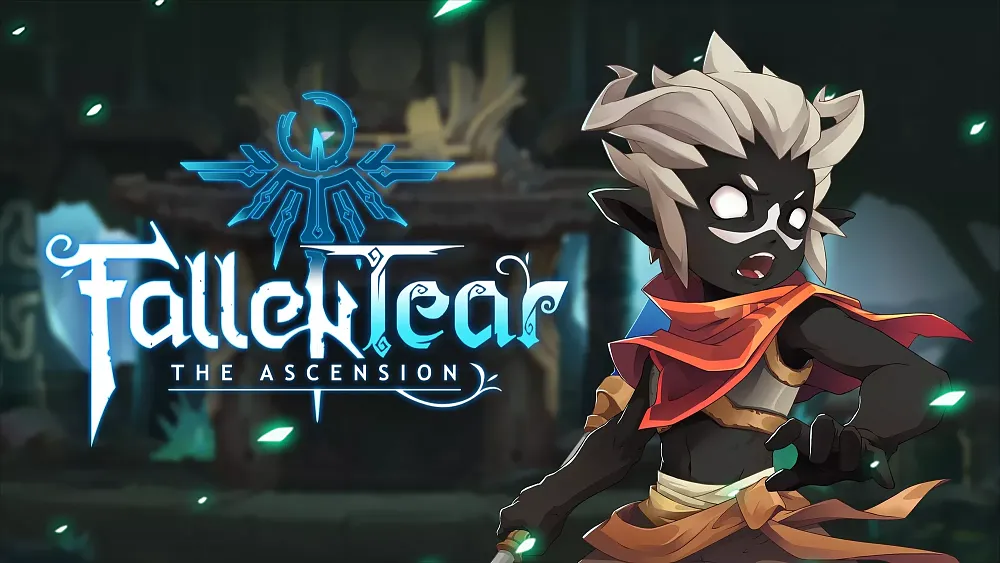 The image depicts promotional artwork for "Fallen Tear: The Ascension," showcasing a stylized character with dark skin, white hair, and glowing eyes. They wear a vibrant scarf and hold a glowing green object, set against a mystical backdrop of ruins. The title is displayed in a fantasy-themed font.