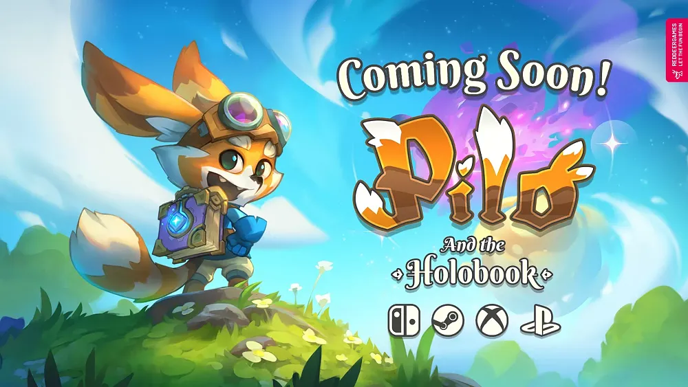 Anthropomorphic fox with goggles and a backpack standing on a grassy hill under a bright blue sky. On the right is "Coming Soon!" and the title, Pilo and the Holobook. Platform logos for Switch, Steam, Xbox, and PlayStation are shown.