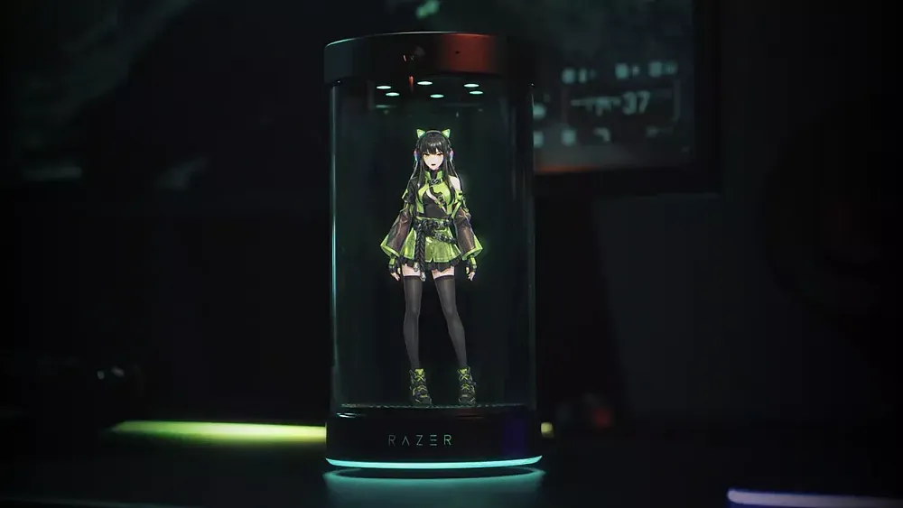 A desktop AI holographic companion, powered by Grok, showing some anime girl holograph image.