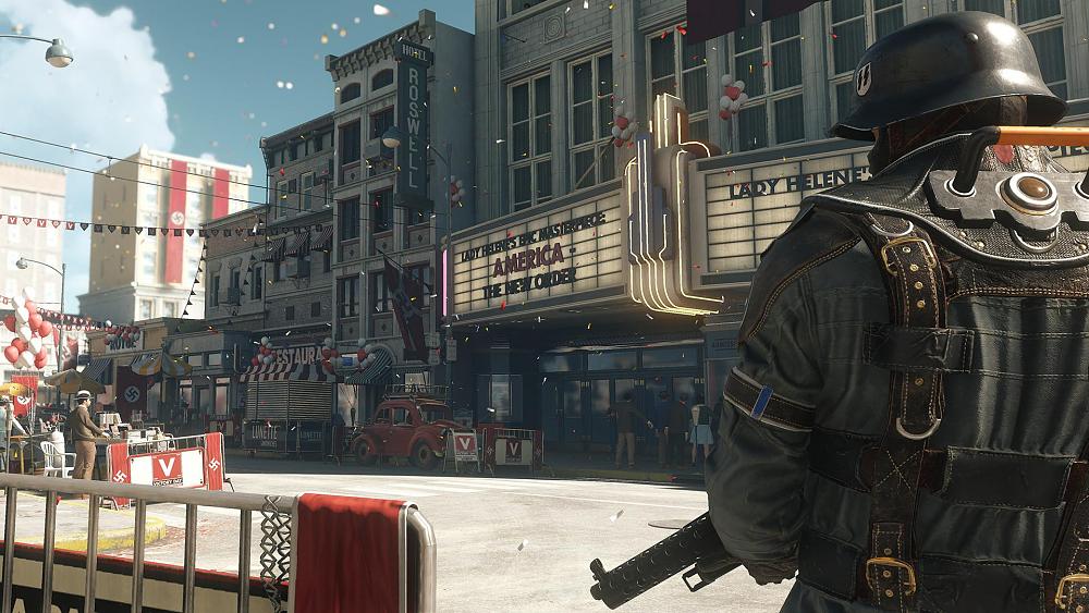 Screenshot of Wolfenstein: The New Order depicting an American town run by Nazis.