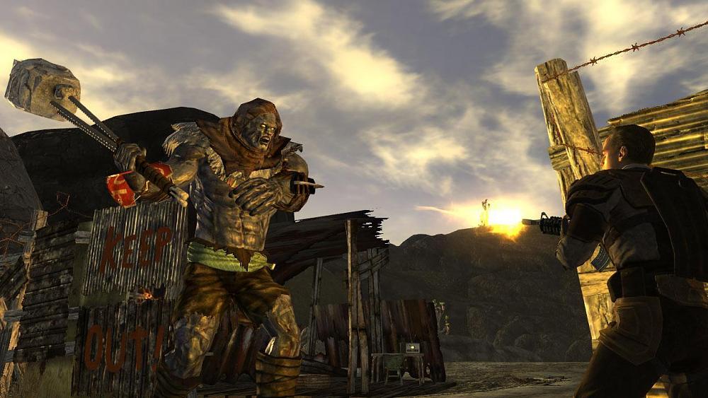 A Vault survivor fights a mutant in Fallout: New Vegas.