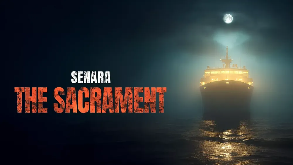 Key art for Senara: The Sacrament showing the front view of a cruise ship at sea at night.