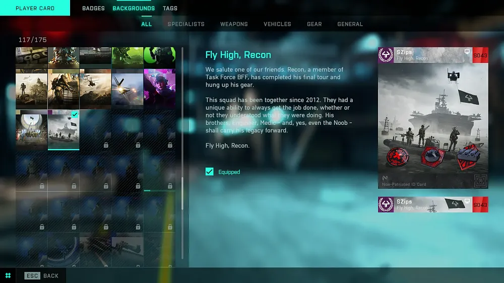 An image of a player card and user title remembering Thick44, a fallen community member that played Recon from Battlefield Friends. Text quoted below the image.