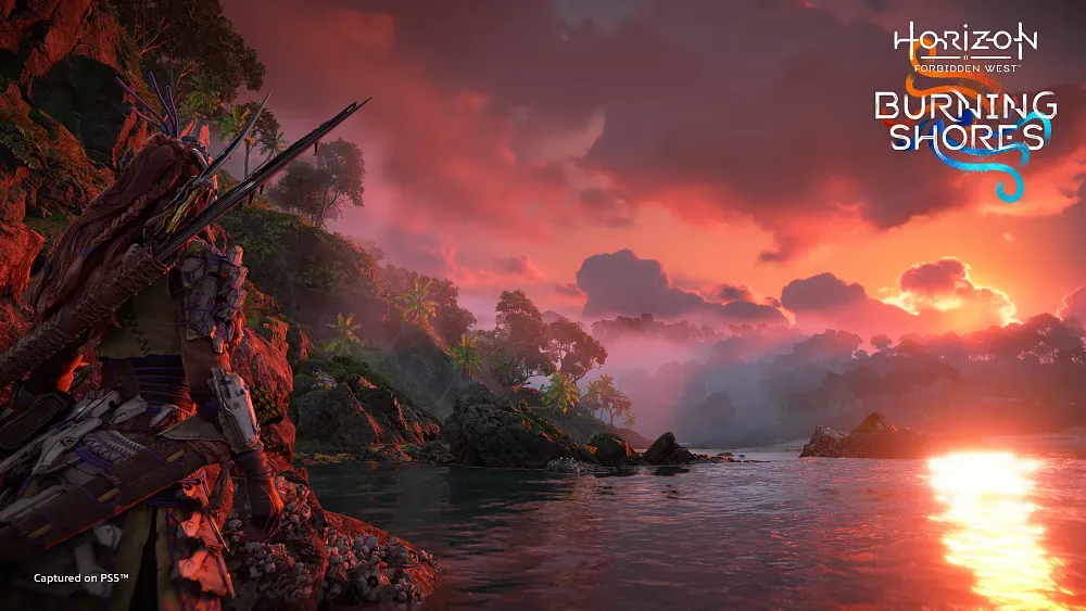 Screenshot from the game showing the main character looking out over a body of water towards a sunset.