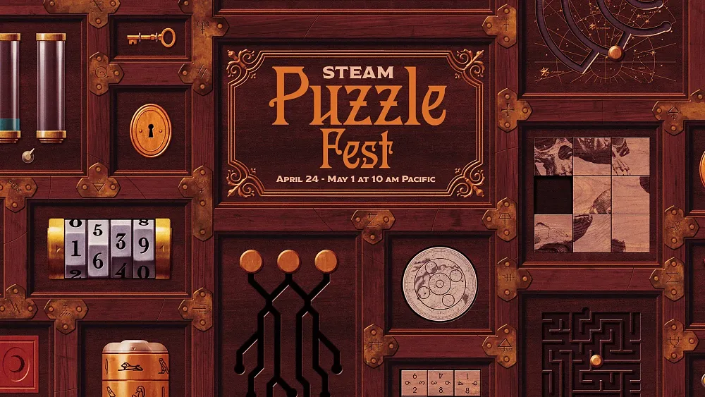 Text: Steam Puzzle Fest. April 24 - May 1 at 10AM Pacific.