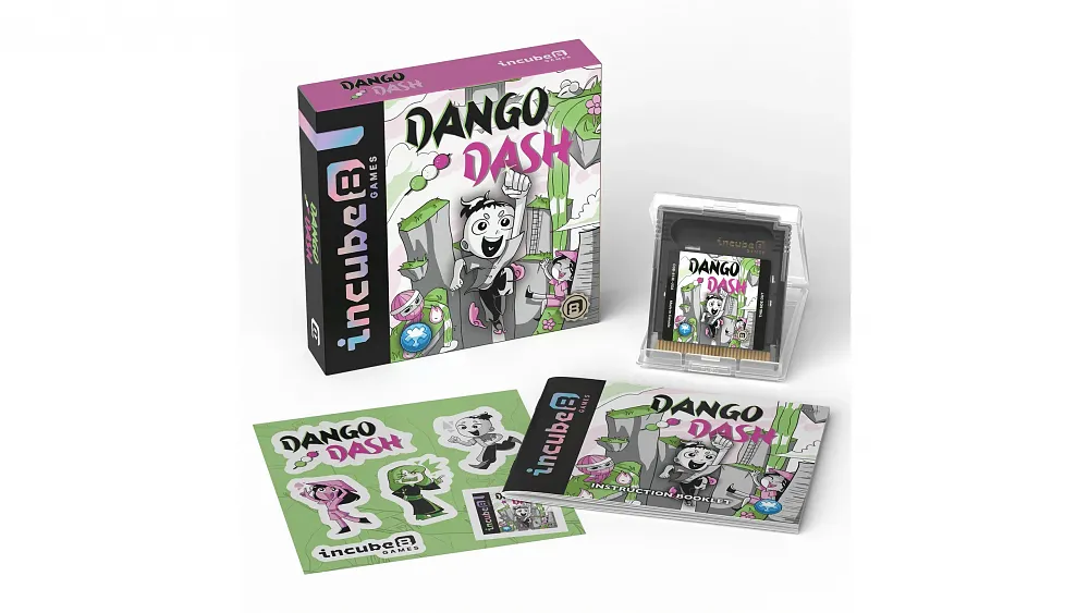 Mockup showing a box, cartridge, instruction book, and sticker sheet for a GameBoy Color game.