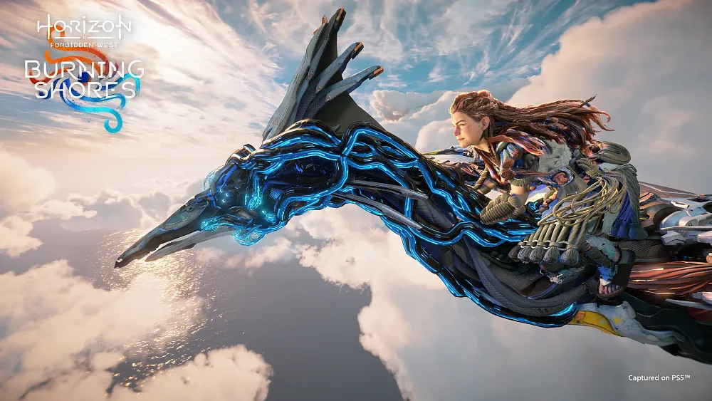 Screenshot from Horizon Forbidden West: Burning Shores showing the main character flying through the clouds on a mechanical dinosaur.