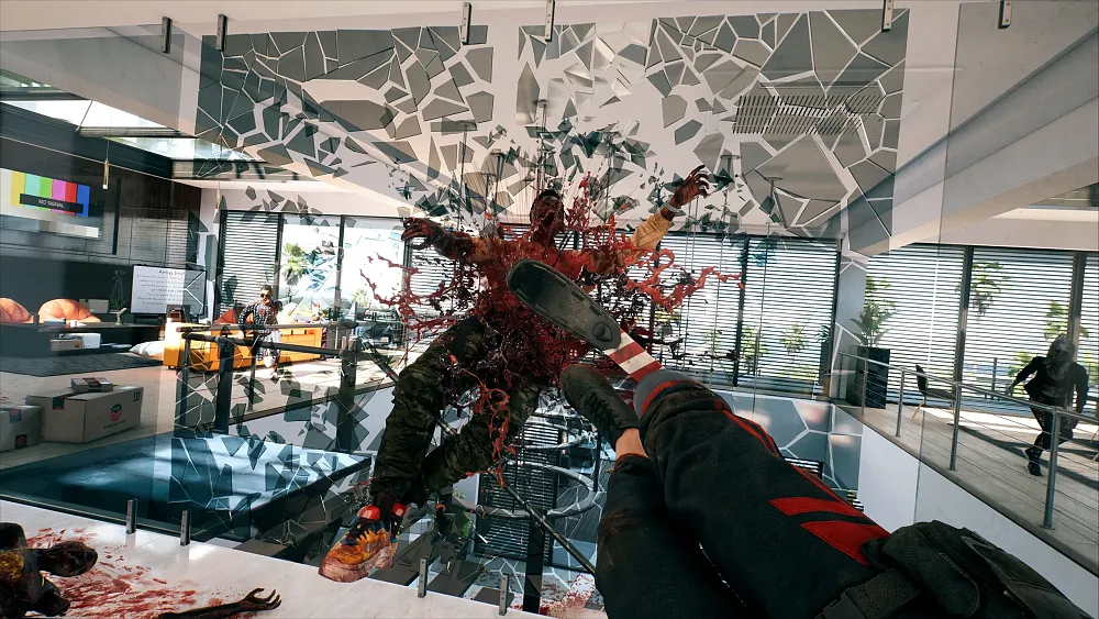 Screenshot from Dead Island 2 of a character dropkicking a zombie through glass panels.