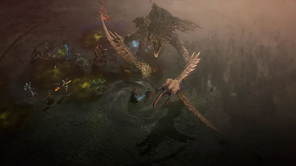 Screenshot from Diablo 4 featuring player characters taking on a large dragon-like creature.