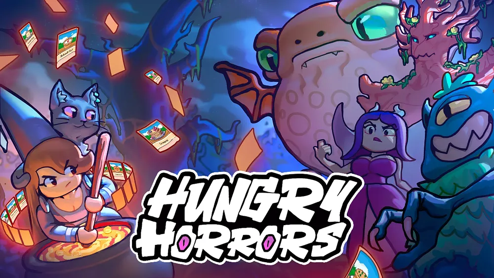 Art for the game Hungry Horrors showing what looks like hand drawn characters and monsters.