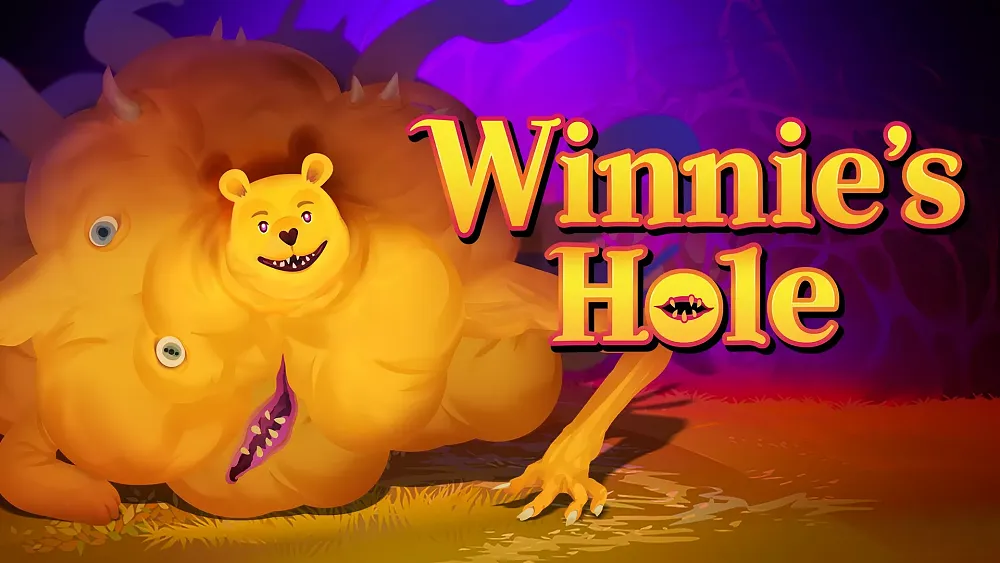 Art showing a grossly mutated legally distinct Winnie the Pooh next to the text, Winnie's Hole.