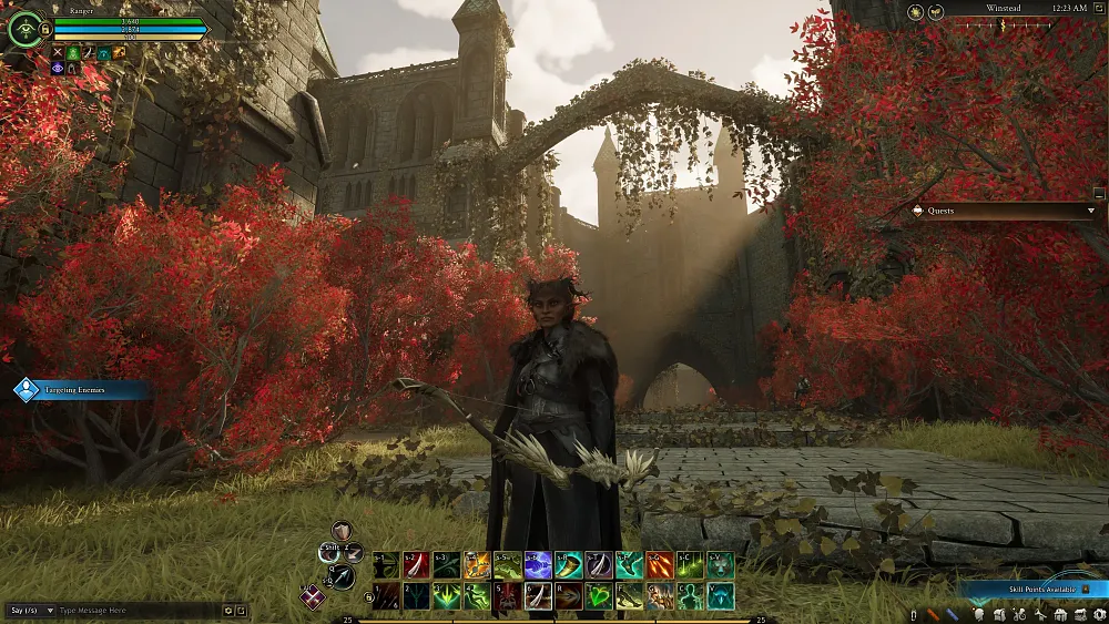 Screenshot from Ashes of Creation showing some sort of humanoid character with branches for horns and dark, spotted skin and holding a bow in a fantasy style setting.
