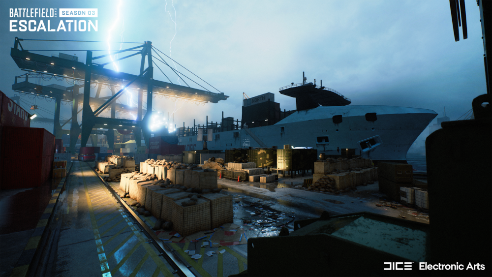 A screenshot of a shipping dock with various forms of cover, cranes, a large shipping boat, and shipping containers