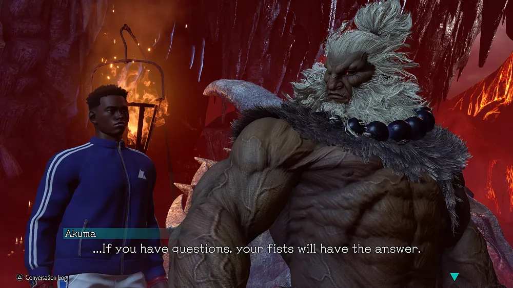 Akuma and a created character in Street Fighter 6 World Tour mode.