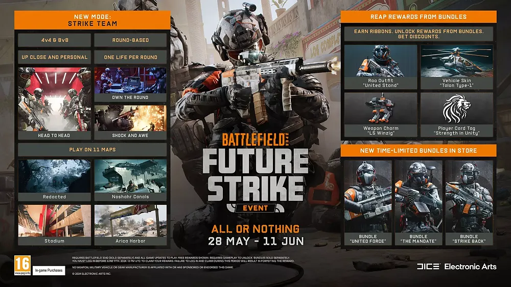 An image showing a bunch of information on the Future Strike event for Battlefield 2042, including maps, game mode, and new cosmetic items.