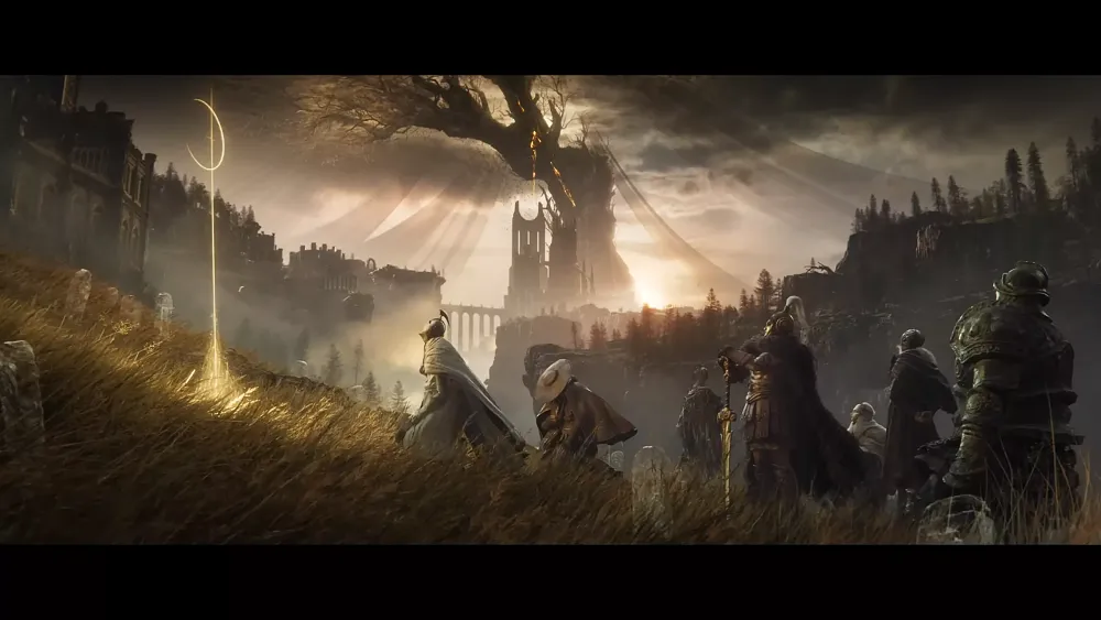 Soldiers and warriors in a field in front of a massive tree and city.