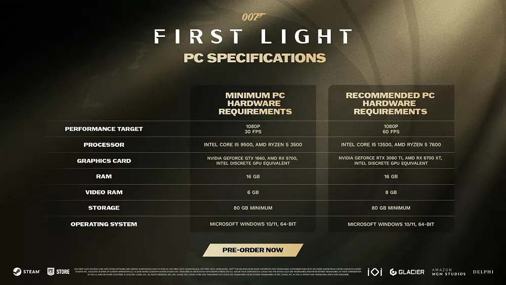 A list of minimum and recommended PC hardware requirements for 007: First Light from IO Interactive.