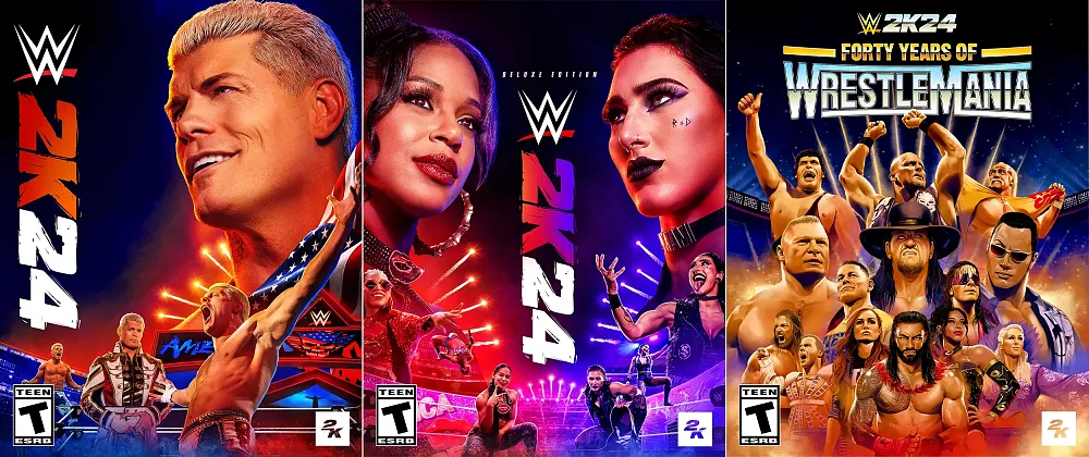 Three images side by side showing the three different cover arts for WWE 2K24.