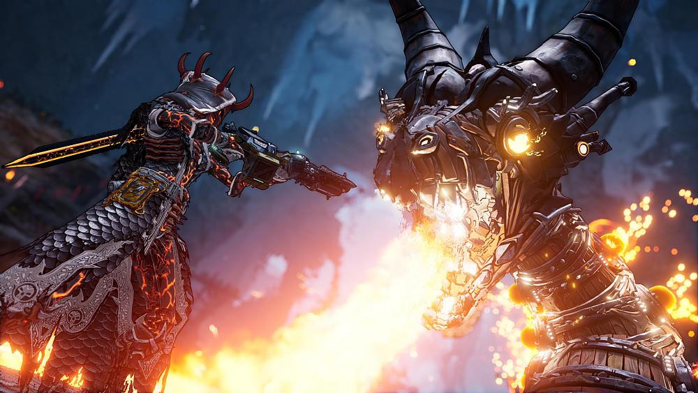 Image from Tiny Tina's Wonderlands showing a player shooting at a metal, fire breathing dragon. Lost Boys Interactive helped develop this game with Gearbox.