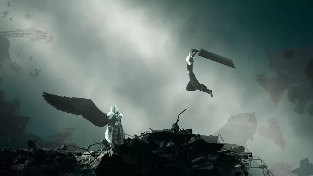 Cloud and Sephiroth facing off in battle in Final Fantasy 7.