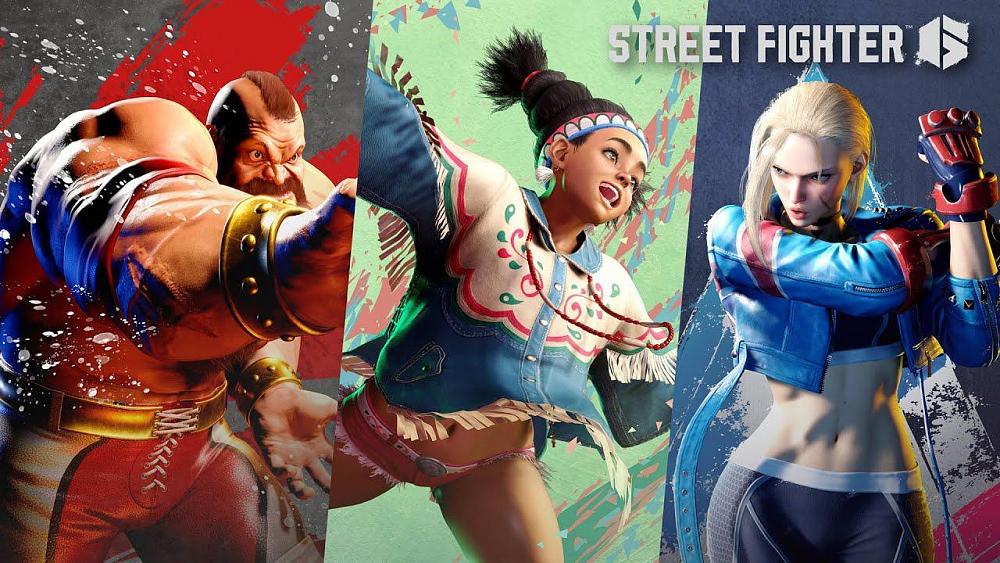 Character portraits showing a burly man throwing a punch on the left, a young woman with long hair and short shorts in the middle, and a woman on the right showing her bare midriff and looking ready to fight.