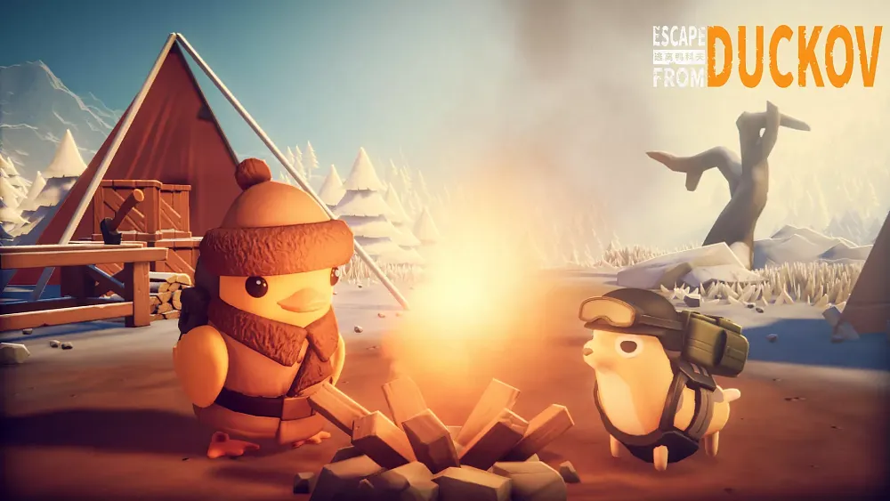A duck in warm winter clothing and a dog in tactical gear standing around a campfire in a wintery environment.