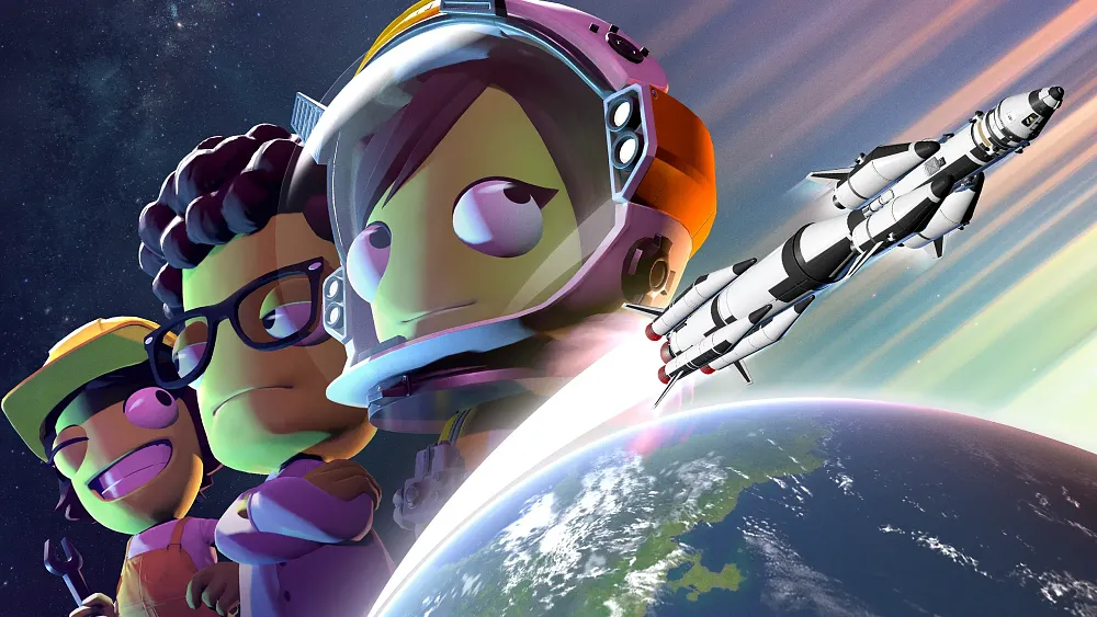 Profiles of three alien astronauts near an alien world with a custom rocket ship soaring over the planet.