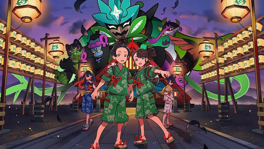 Art showing two kids, a boy and a girl, standing in a pathway flanked by lantern walls. Creatures and other people stand in the background.