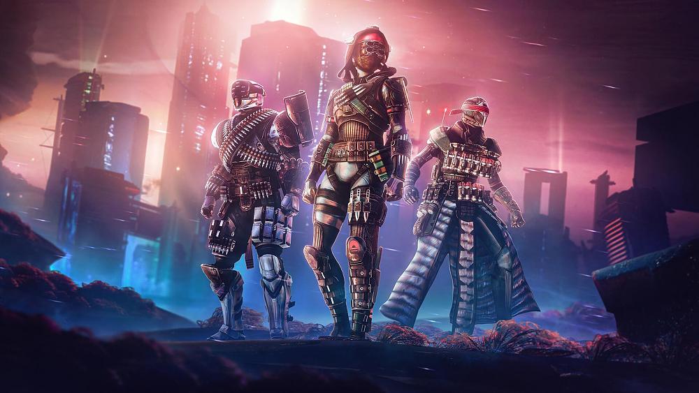 Three superheroes wearing elaborate armor stand together in front of a backdrop of a neon-soaked alien city.