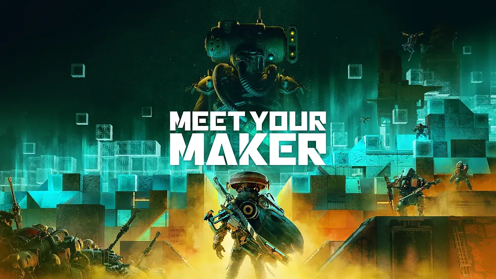 A person in the foreground armed with a few weapons on their back staring towards the distant sky where a larger, imposing figure stares back down. The color scheme is blue-green and yellow-orange.