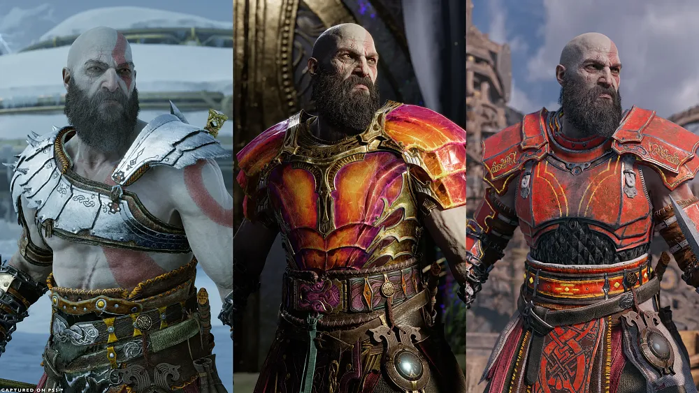 Three different pictures in one. Each showing the same strong, bearded but wearing different fantasy style armors.