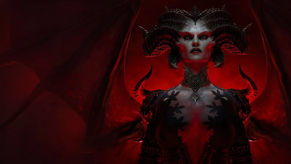 A demonic woman with an partially exposed chest and several devil or goat horns coming out of her head stands looking very angry. She has large, translucent red wings stretched out behind her.