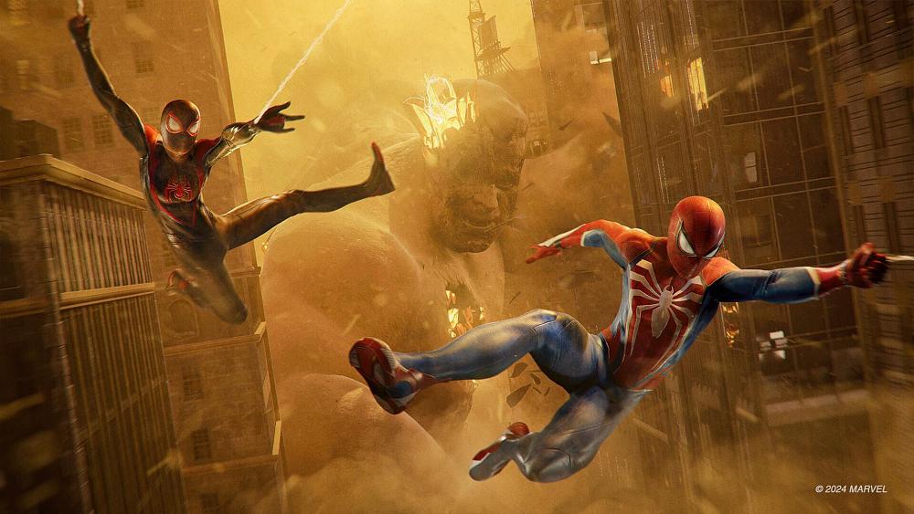 Two Spider-Men swinging through a city as a giant person made of sand gives chase.